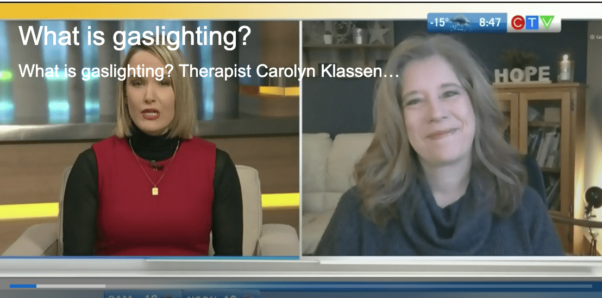 Photo of Carolyn Klassen speaking with Nicole Dubé on CTV Morning Live in Winnipeg about gaslighting