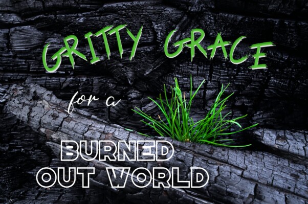 Gritty Grace in a Burned out world Green Grass on charcoal wood